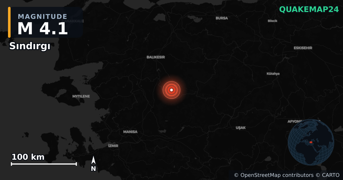 M4.1 earthquake near Sındırgı on Aug 12, 2025 — map of epicenter and shaking intensity | QuakeMap24