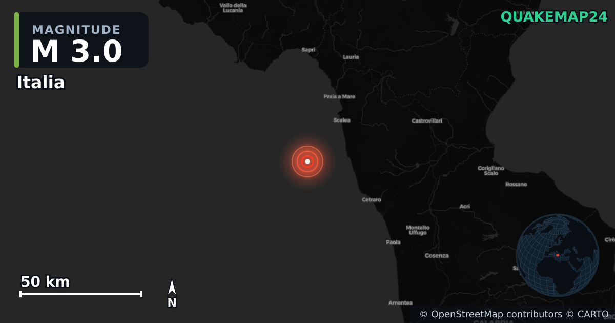 M3.0 earthquake near Italia on Jan 7, 2026 — map of epicenter and shaking intensity | QuakeMap24