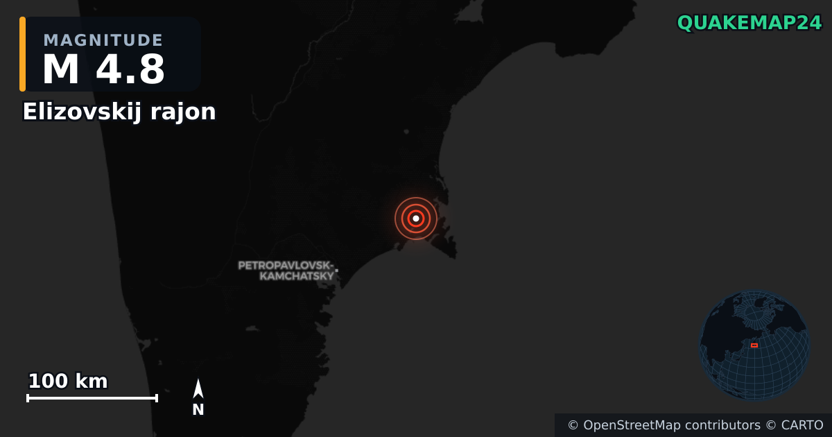 M4.8 earthquake near Elizovskij rajon on May 25, 2026 — map of epicenter and shaking intensity | QuakeMap24