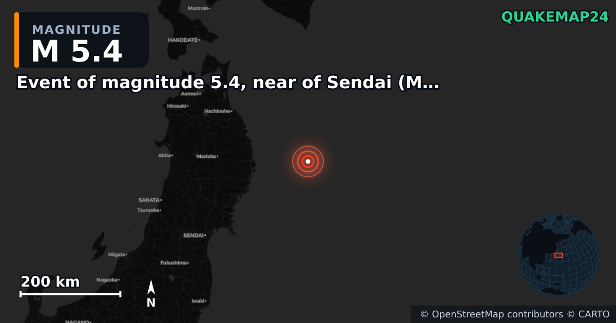 M5.4 earthquake near Event of magnitude 5.4, near of Sendai (Monde) on Nov 8, 2025 — map of epicenter and shaking intensity | QuakeMap24