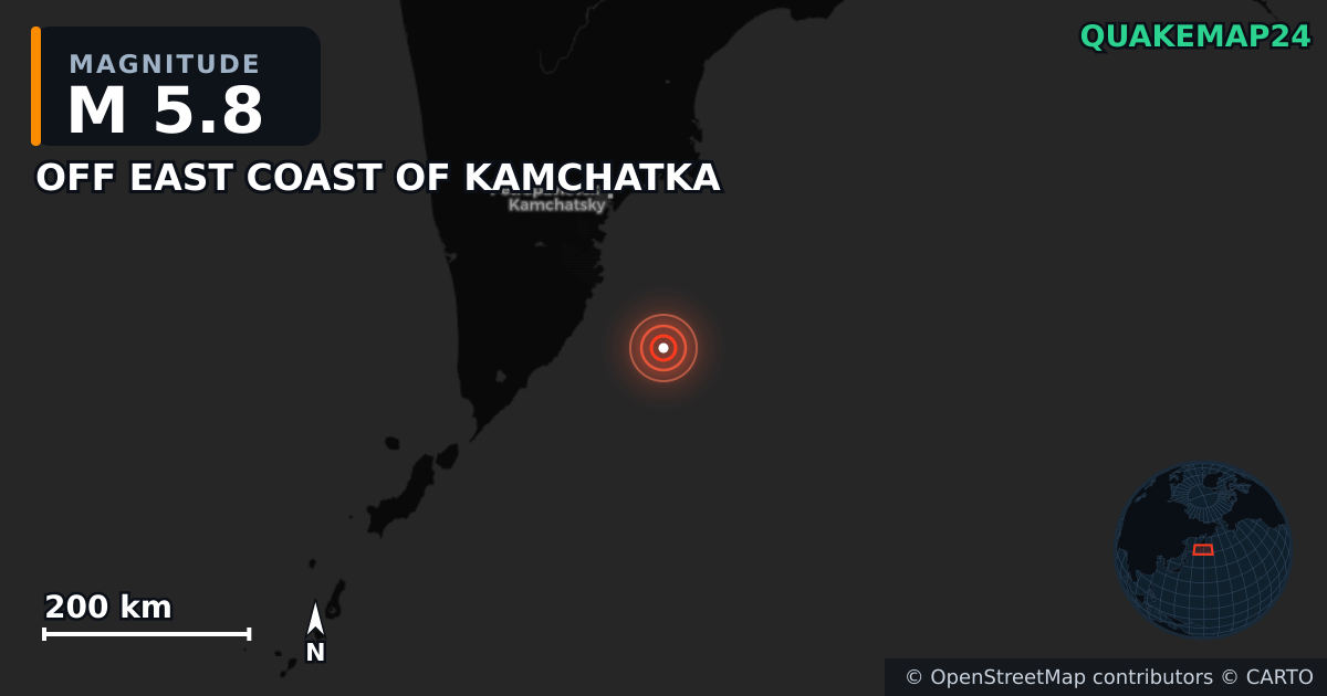 M5.8 earthquake near OFF EAST COAST OF KAMCHATKA on Jul 30, 2025 — map of epicenter and shaking intensity | QuakeMap24