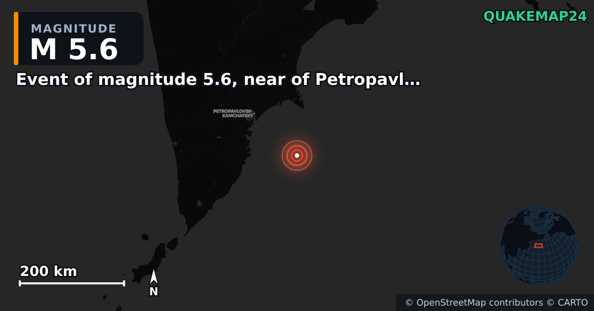 M5.6 earthquake near Event of magnitude 5.6, near of Petropavlovsk Kamchatskiy (Monde) on Nov 3, 2025 — map of epicenter and shaking intensity | QuakeMap24