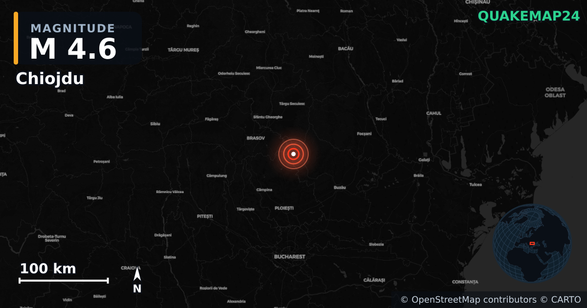 M4.6 earthquake near Chiojdu on Aug 11, 2026 — map of epicenter and shaking intensity | QuakeMap24