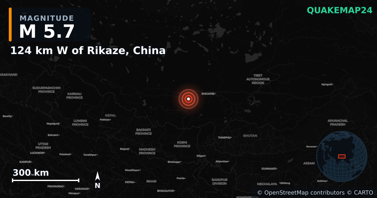 M5.7 earthquake near 124 km W of Rikaze, China on May 11, 2025 — map of epicenter and shaking intensity | QuakeMap24