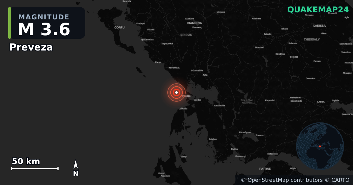Preveza, Epirus (Yunanistan) yakınında M3,6 deprem · 2026-09-27 — Deprem merkez üssünün konumunu gösteren harita