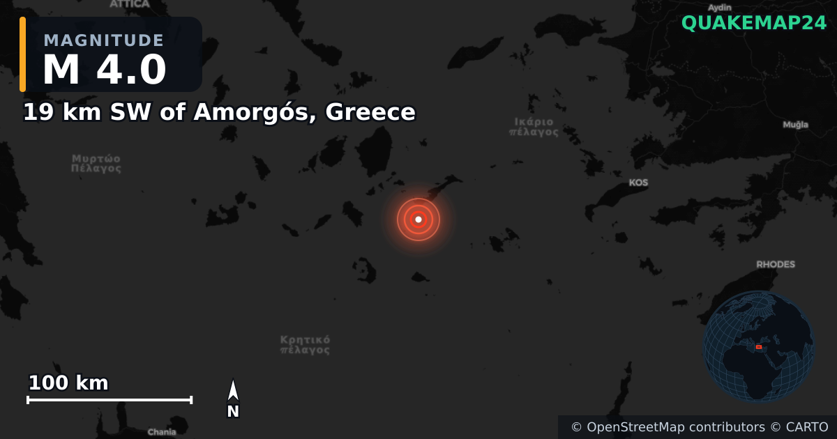 M4.0 earthquake near 19 km SW of Amorgós, Greece on Feb 11, 2025 — map of epicenter and shaking intensity | QuakeMap24