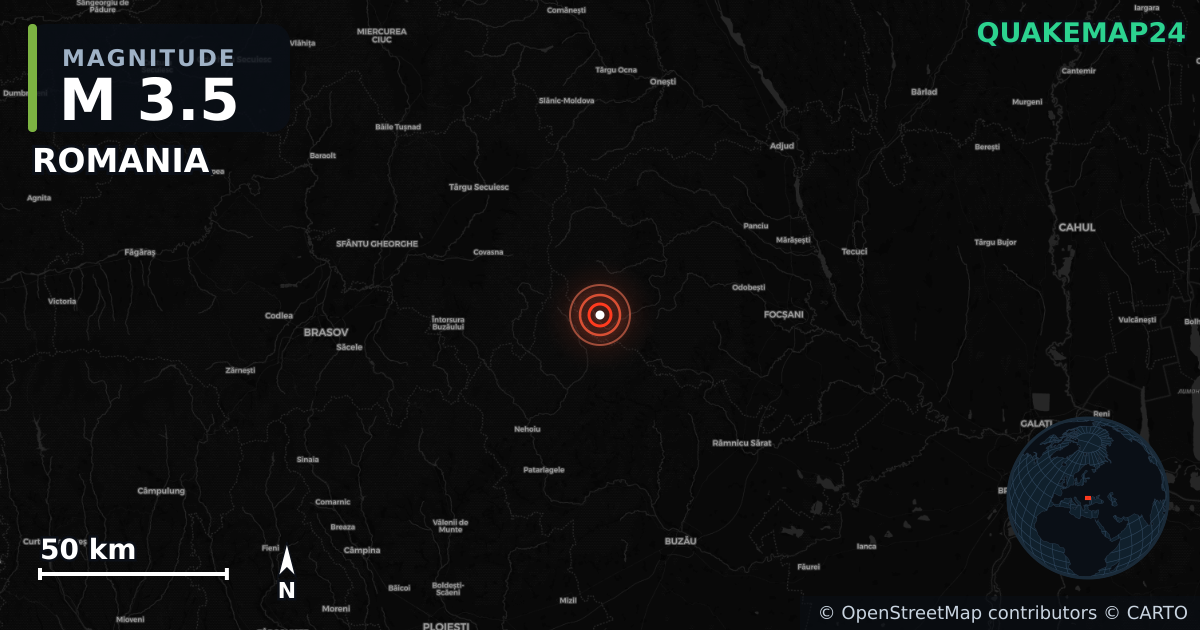M3.5 earthquake near ROMANIA on Dec 6, 2025 — map of epicenter and shaking intensity | QuakeMap24