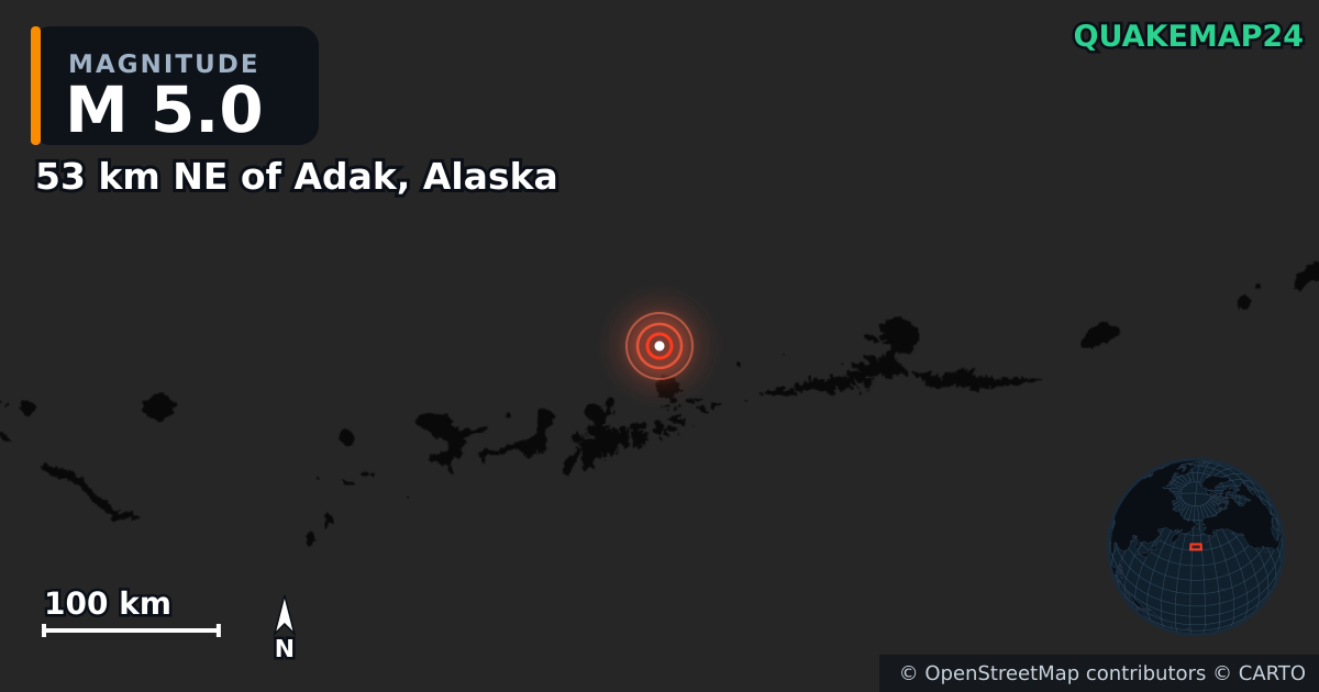 M5.0 earthquake near 53 km NE of Adak, Alaska on Feb 27, 2025 — map of epicenter and shaking intensity | QuakeMap24