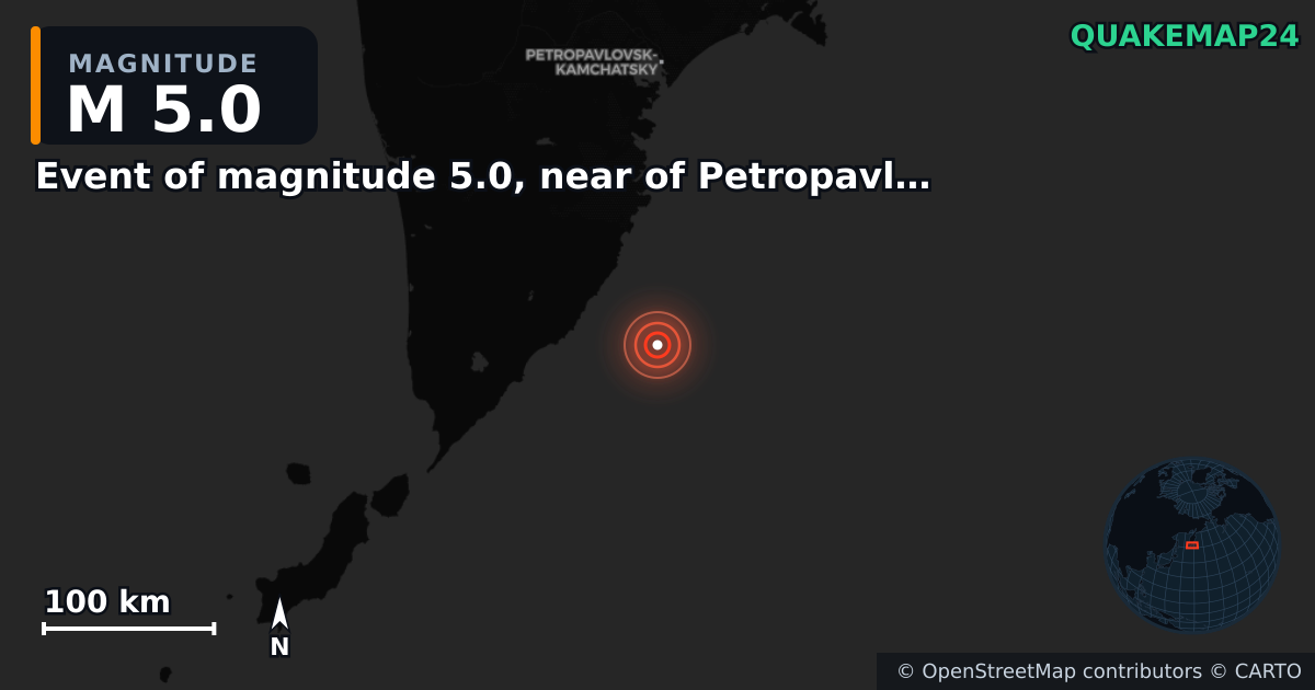 M5.0 earthquake near Event of magnitude 5.0, near of Petropavlovsk Kamchatskiy (Monde) on Aug 31, 2025 — map of epicenter and shaking intensity | QuakeMap24