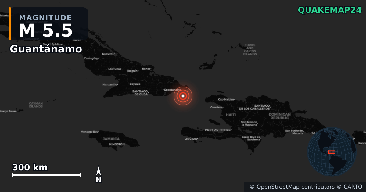 M5.5 earthquake near Guantánamo on Feb 8, 2026 — map of epicenter and shaking intensity | QuakeMap24