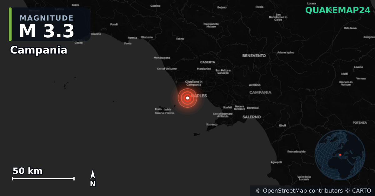 M3.3 earthquake near Campania on Aug 31, 2025 — map of epicenter and shaking intensity | QuakeMap24