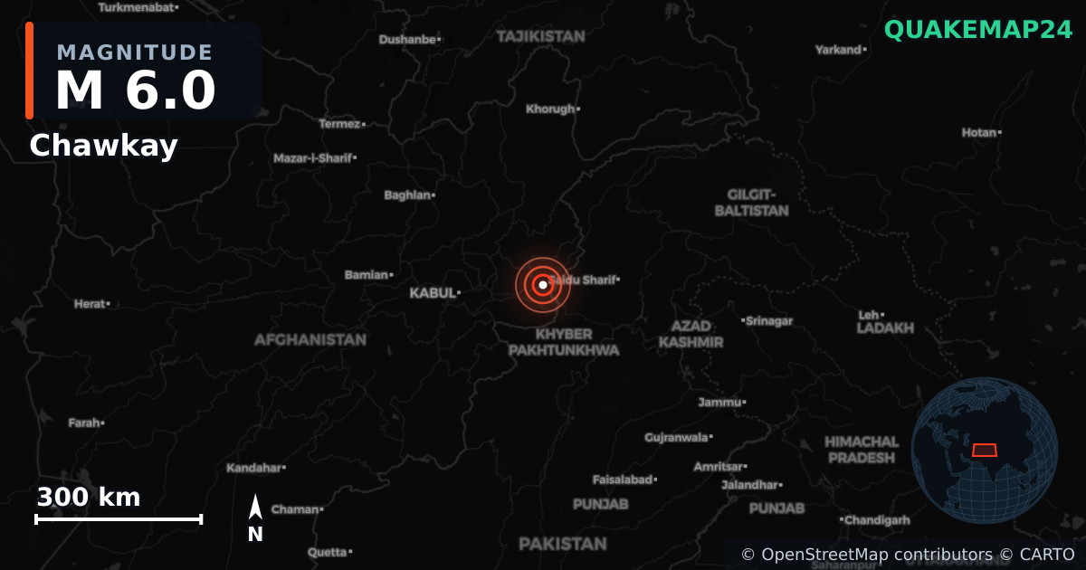 M6.0 earthquake near Chawkay on Aug 31, 2025 — map of epicenter and shaking intensity | QuakeMap24