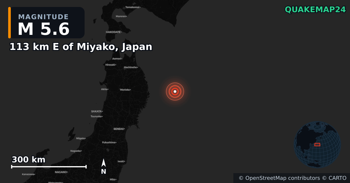 M5.6 earthquake near 113 km E of Miyako, Japan on Apr 20, 2026 — map of epicenter and shaking intensity | QuakeMap24