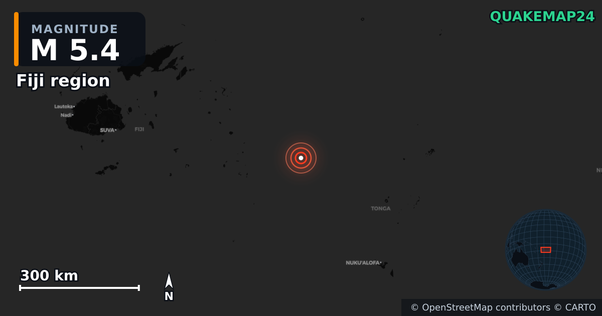 M5.4 earthquake near Fiji region on Aug 24, 2025 — map of epicenter and shaking intensity | QuakeMap24