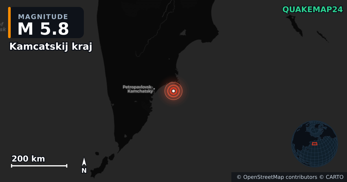M5.8 earthquake near Kamcatskij kraj on Dec 18, 2025 — map of epicenter and shaking intensity | QuakeMap24