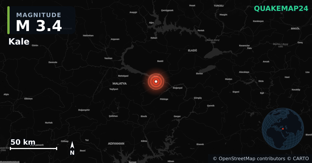 Erdbeben M3,4 bei Kale, Malatya (Türkei) · 2026-10-14 — Karte der Lage des Epizentrums