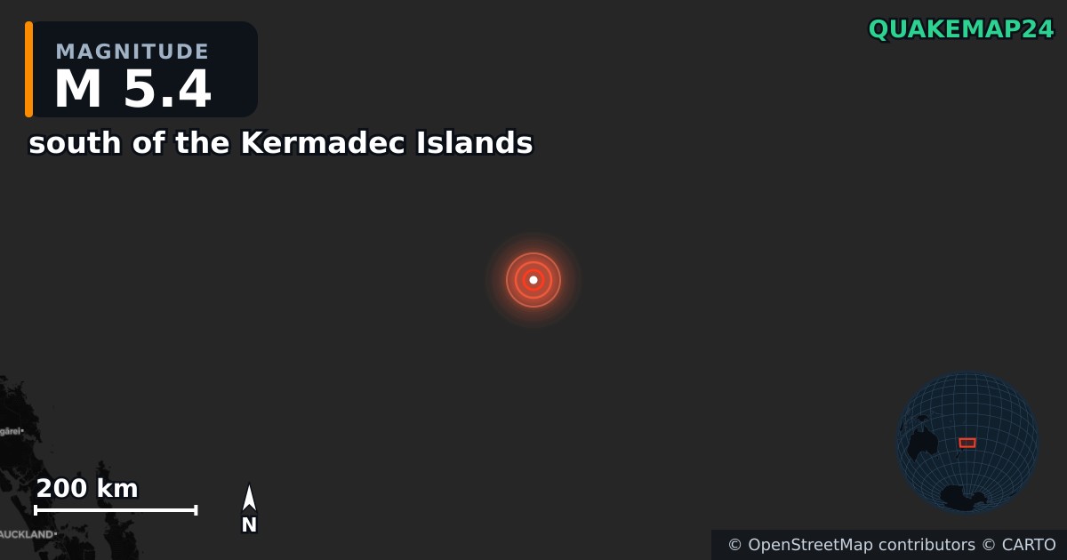 M5.4 earthquake near south of the Kermadec Islands on Oct 15, 2025 — map of epicenter and shaking intensity | QuakeMap24