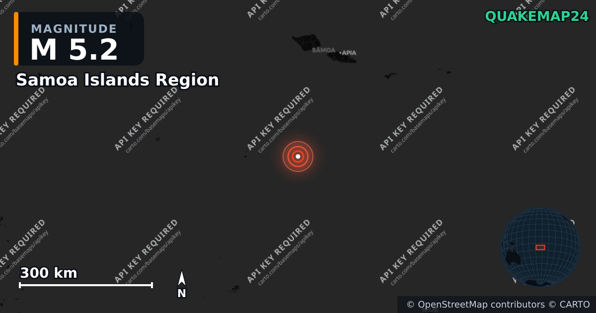 M5.2 earthquake near Samoa Islands Region on Mar 7, 2026 — map of epicenter and shaking intensity | QuakeMap24