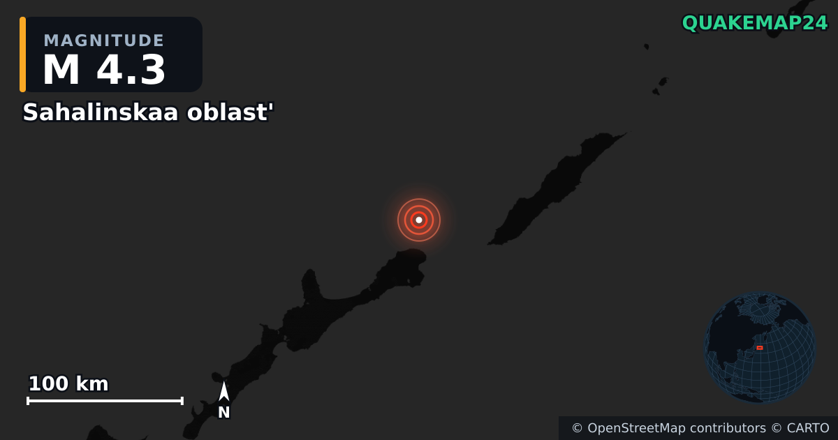 M4.3 earthquake near Sahalinskaa oblast' on Jun 20, 2025 — map of epicenter and shaking intensity | QuakeMap24