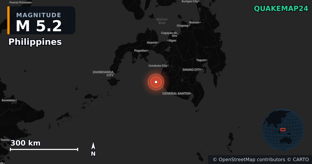 M5.2 earthquake near Philippines on Jan 27, 2026 — map of epicenter and shaking intensity | QuakeMap24