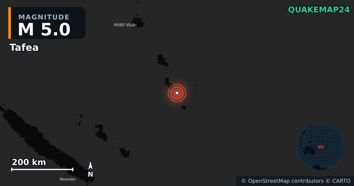 M5.0 earthquake near Tafea on Nov 2, 2025 — map of epicenter and shaking intensity | QuakeMap24