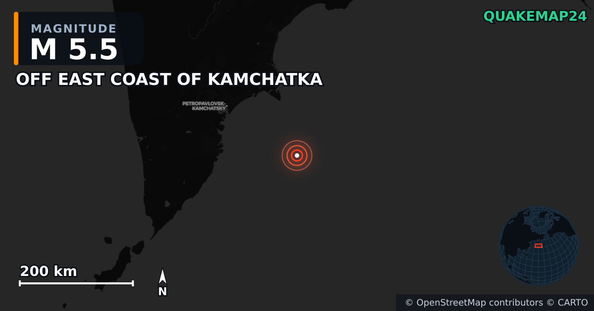 M5.5 earthquake near OFF EAST COAST OF KAMCHATKA on Sep 19, 2025 — map of epicenter and shaking intensity | QuakeMap24
