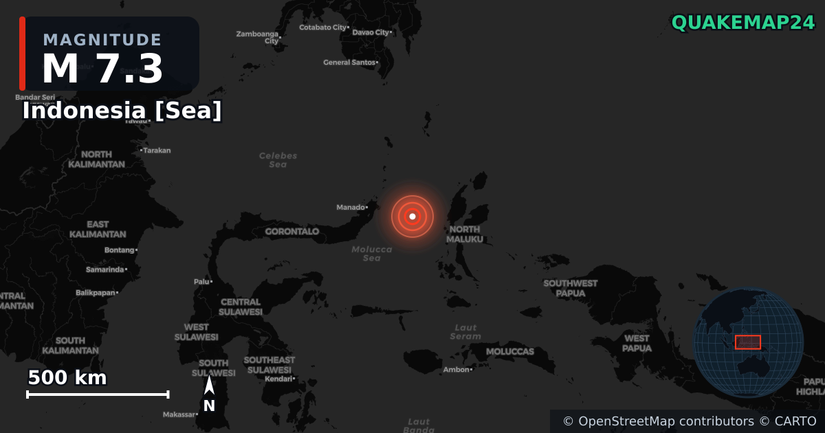 M7.3 earthquake near Indonesia [Sea] on Apr 1, 2026 — map of epicenter and shaking intensity | QuakeMap24
