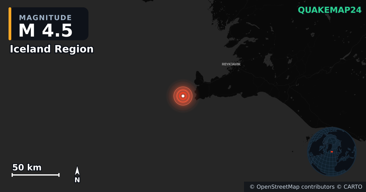 M4.5 earthquake near Iceland Region on May 24, 2025 — map of epicenter and shaking intensity | QuakeMap24