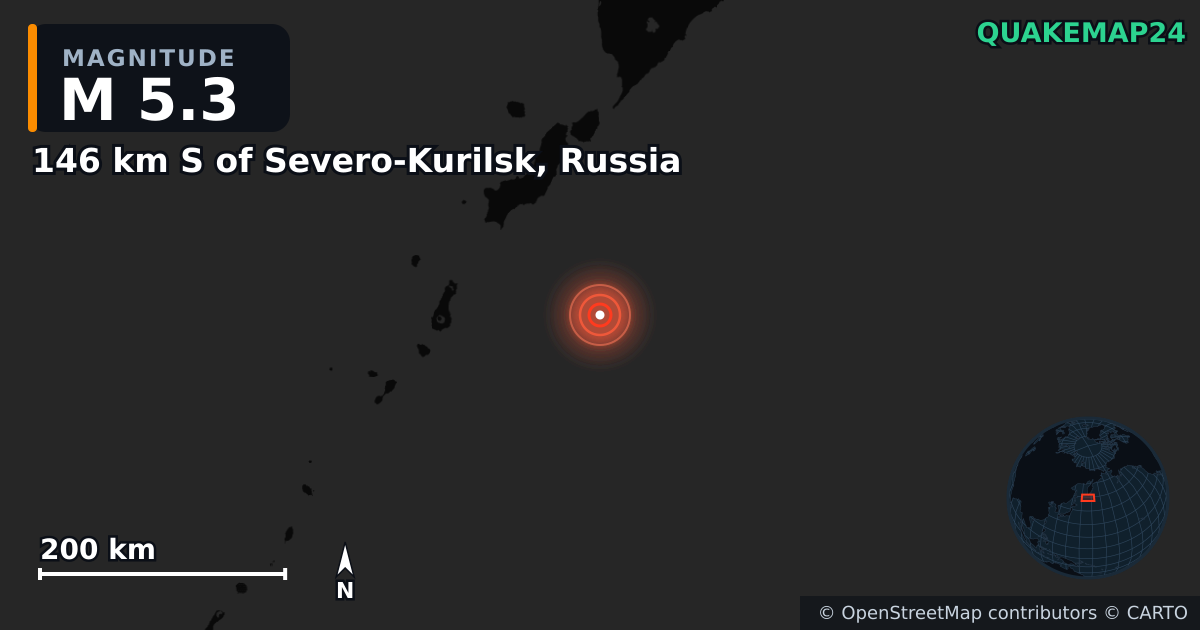 M5.3 earthquake near 146 km S of Severo-Kurilsk, Russia on Jul 30, 2025 — map of epicenter and shaking intensity | QuakeMap24