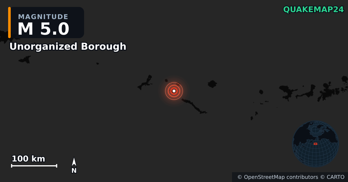 M5.0 earthquake near Unorganized Borough on Feb 14, 2026 — map of epicenter and shaking intensity | QuakeMap24