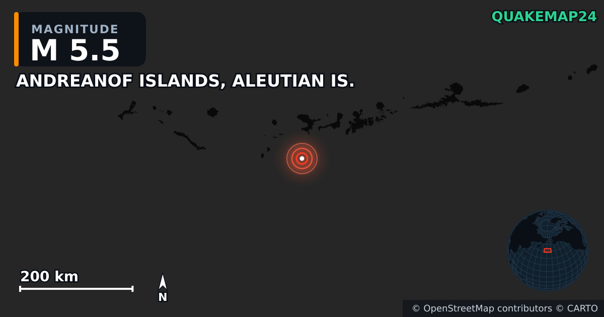 M5.5 earthquake near ANDREANOF ISLANDS, ALEUTIAN IS. on Sep 21, 2025 — map of epicenter and shaking intensity | QuakeMap24