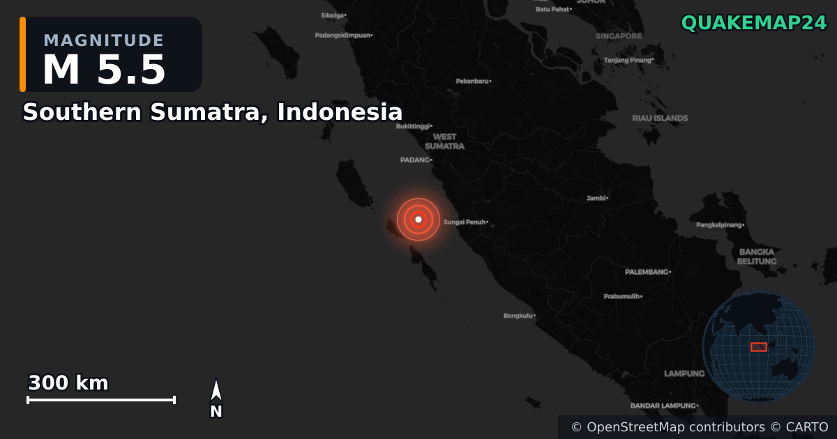 M5.5 earthquake near Southern Sumatra, Indonesia on Apr 4, 2026 — map of epicenter and shaking intensity | QuakeMap24