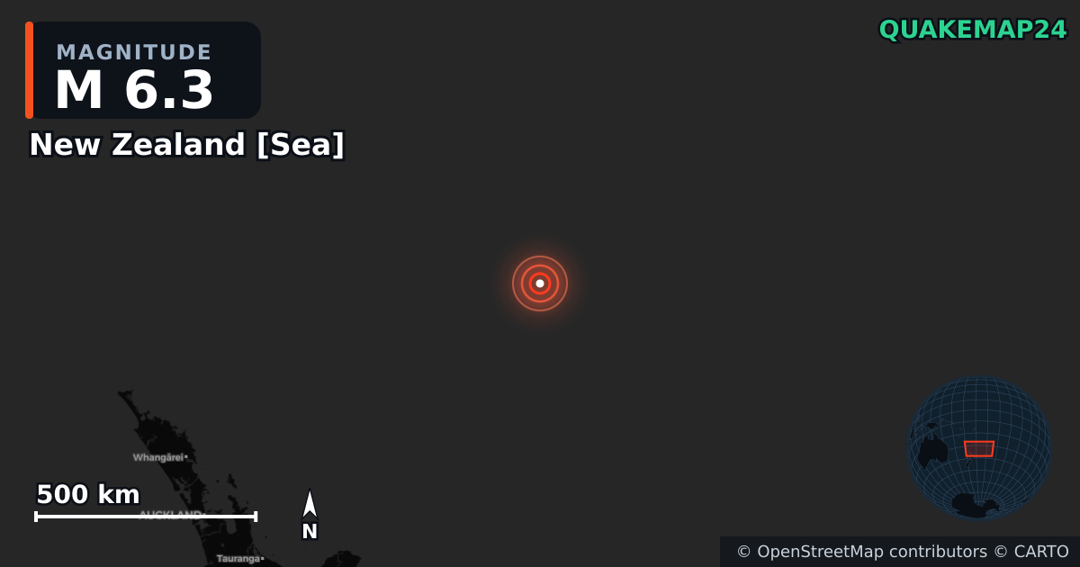 M6.3 earthquake near New Zealand [Sea] on Apr 16, 2026 — map of epicenter and shaking intensity | QuakeMap24