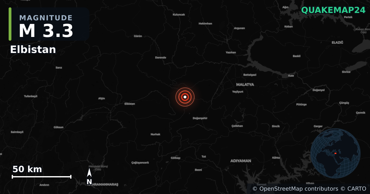 M3.3 earthquake near Elbistan on Jul 28, 2026 — map of epicenter and shaking intensity | QuakeMap24