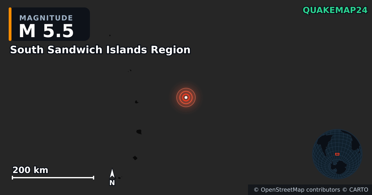 M5.5 earthquake near South Sandwich Islands Region on Oct 8, 2025 — map of epicenter and shaking intensity | QuakeMap24