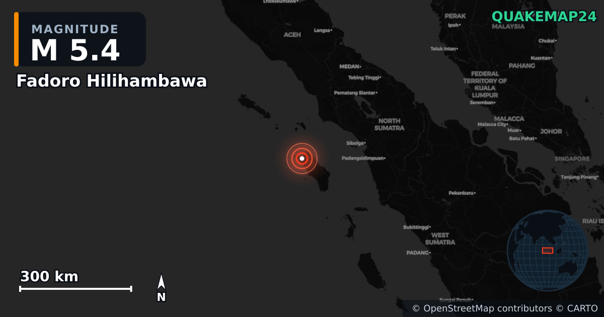 M5.4 earthquake near Fadoro Hilihambawa on Apr 18, 2026 — map of epicenter and shaking intensity | QuakeMap24