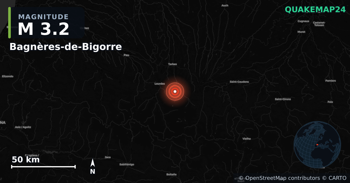 M3.2 earthquake near Bagnères-de-Bigorre on Jul 25, 2026 — map of epicenter and shaking intensity | QuakeMap24
