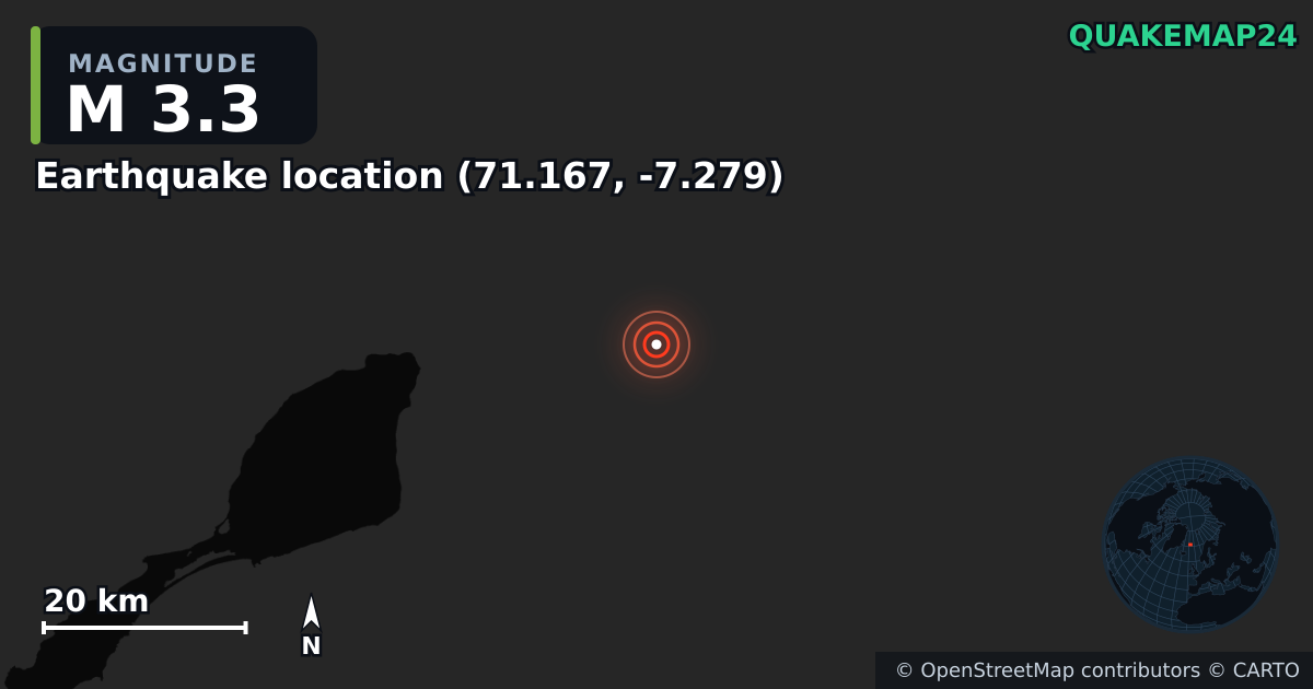 M3.3 earthquake near Deprem konumu (71.167, -7.279) on May 18, 2026 — map of epicenter and shaking intensity | QuakeMap24
