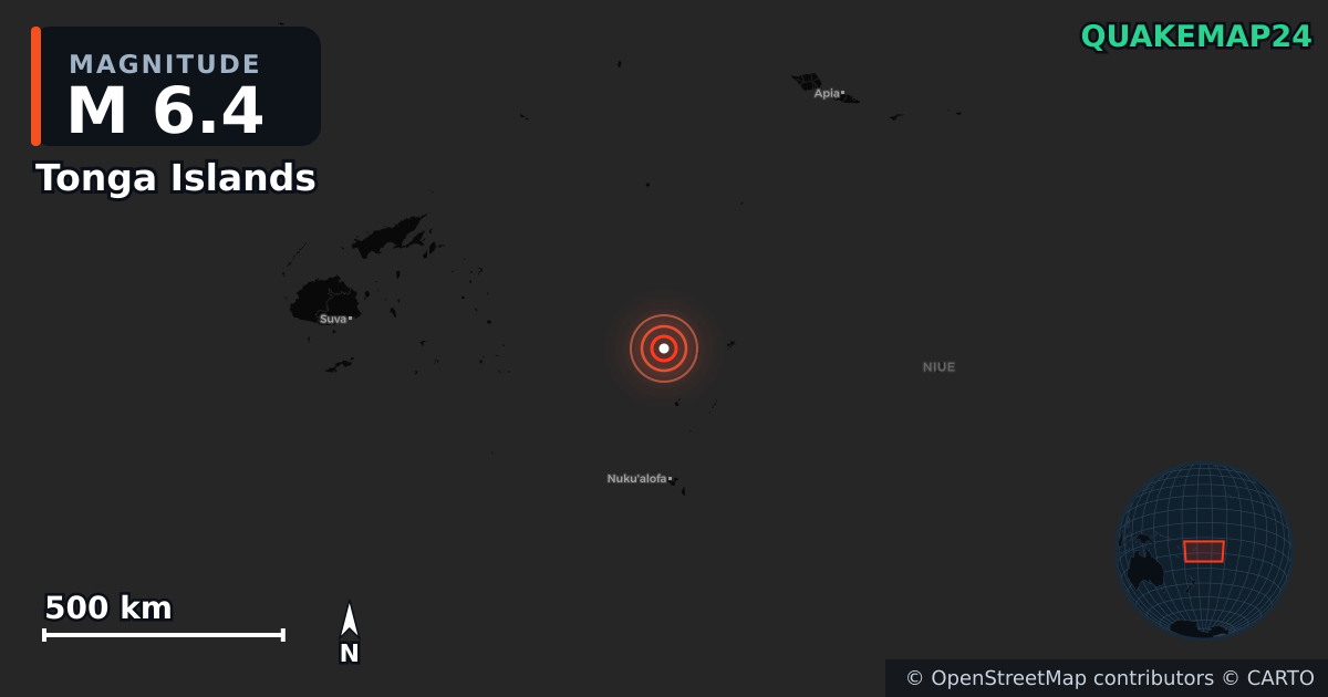 M6.4 earthquake near Tonga Islands on May 14, 2025 — map of epicenter and shaking intensity | QuakeMap24