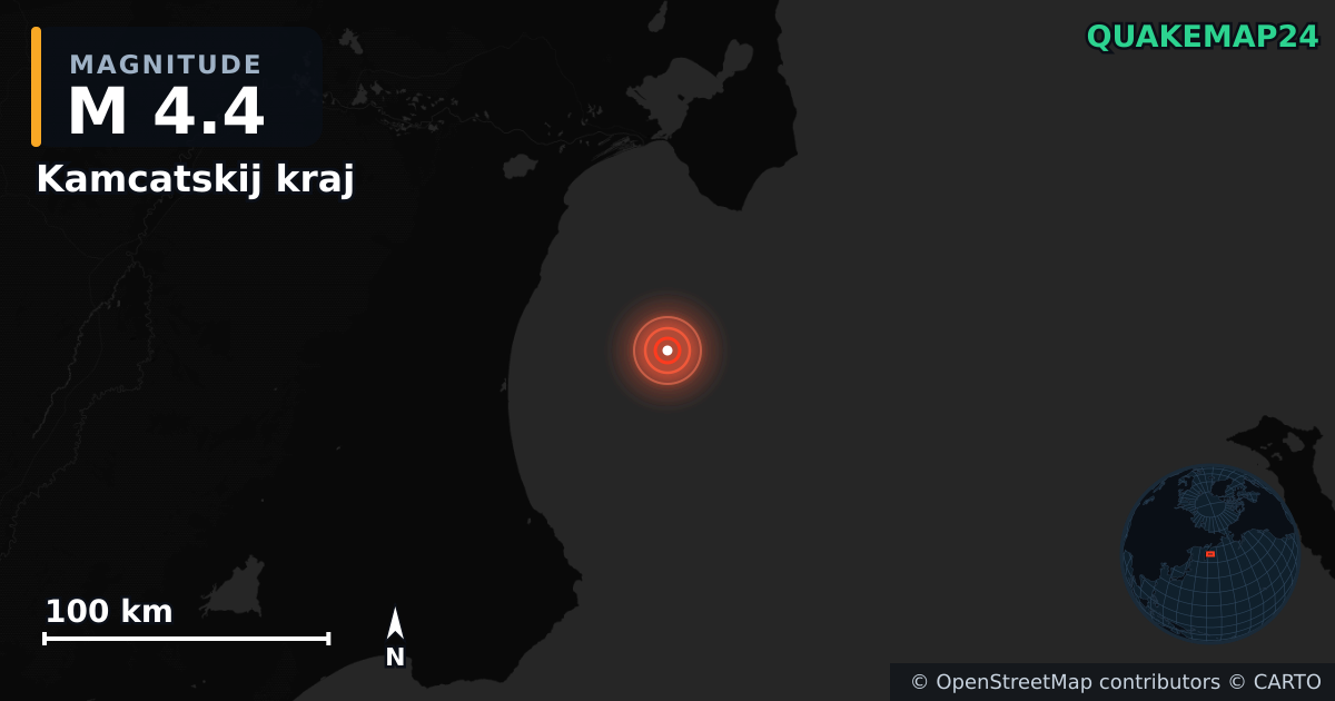 M4.4 earthquake near Kamcatskij kraj on Jan 12, 2026 — map of epicenter and shaking intensity | QuakeMap24