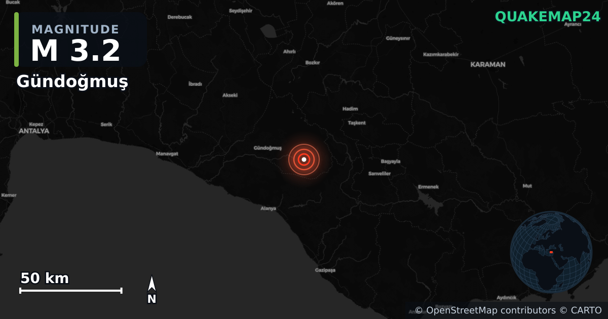 M3.2 earthquake near Gündoğmuş on Feb 1, 2026 — map of epicenter and shaking intensity | QuakeMap24