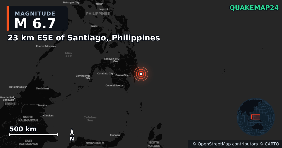 M6.7 earthquake near 23 km ESE of Santiago, Philippines on Oct 10, 2025 — map of epicenter and shaking intensity | QuakeMap24