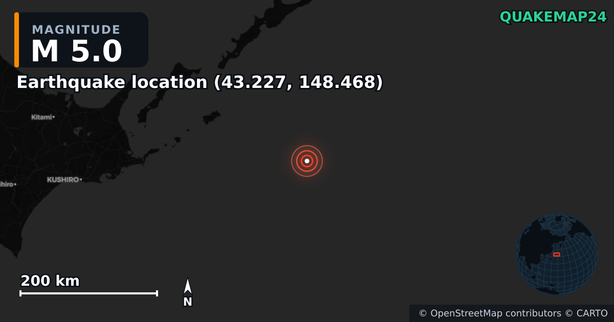 M5.0 earthquake near Τοποθεσία σεισμού (43.227, 148.468) on Aug 1, 2025 — map of epicenter and shaking intensity | QuakeMap24