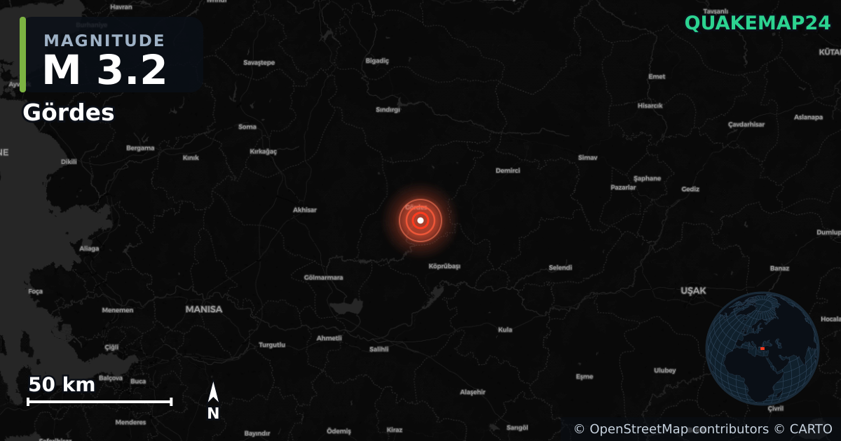 M3.2 earthquake near Gördes on Nov 7, 2025 — map of epicenter and shaking intensity | QuakeMap24