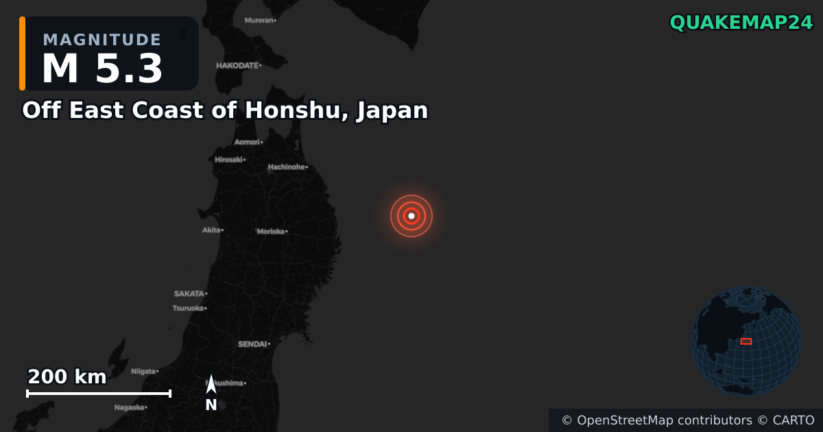 M5.3 earthquake near Off East Coast of Honshu, Japan on Apr 22, 2026 — map of epicenter and shaking intensity | QuakeMap24