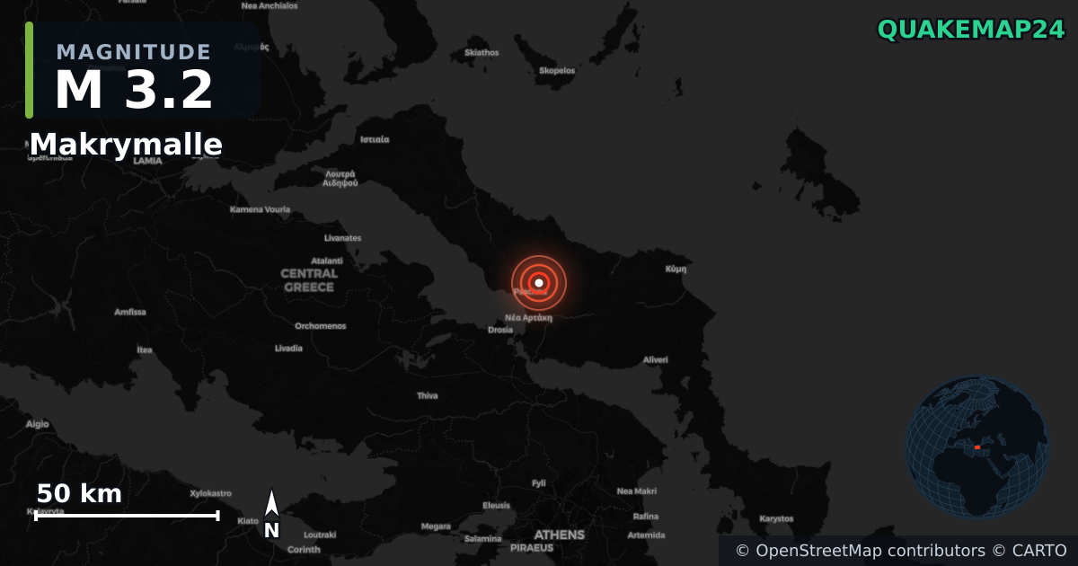 M3.2 earthquake near Makrymalle on Aug 14, 2026 — map of epicenter and shaking intensity | QuakeMap24