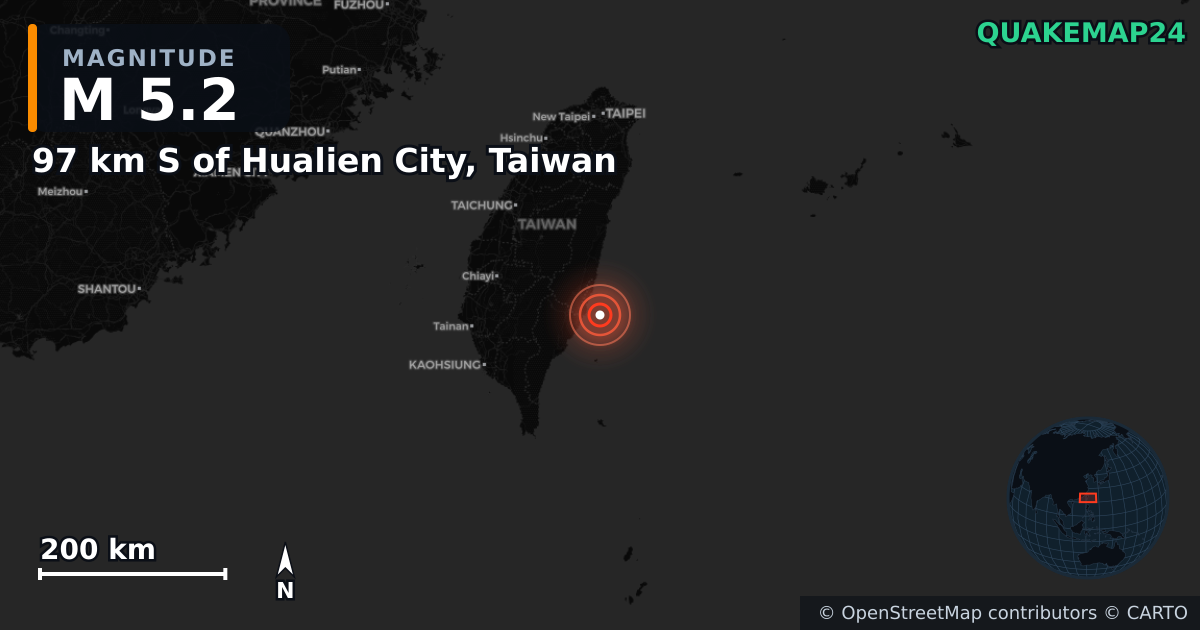 M5.2 earthquake near 97 km S of Hualien City, Taiwan on Mar 13, 2025 — map of epicenter and shaking intensity | QuakeMap24