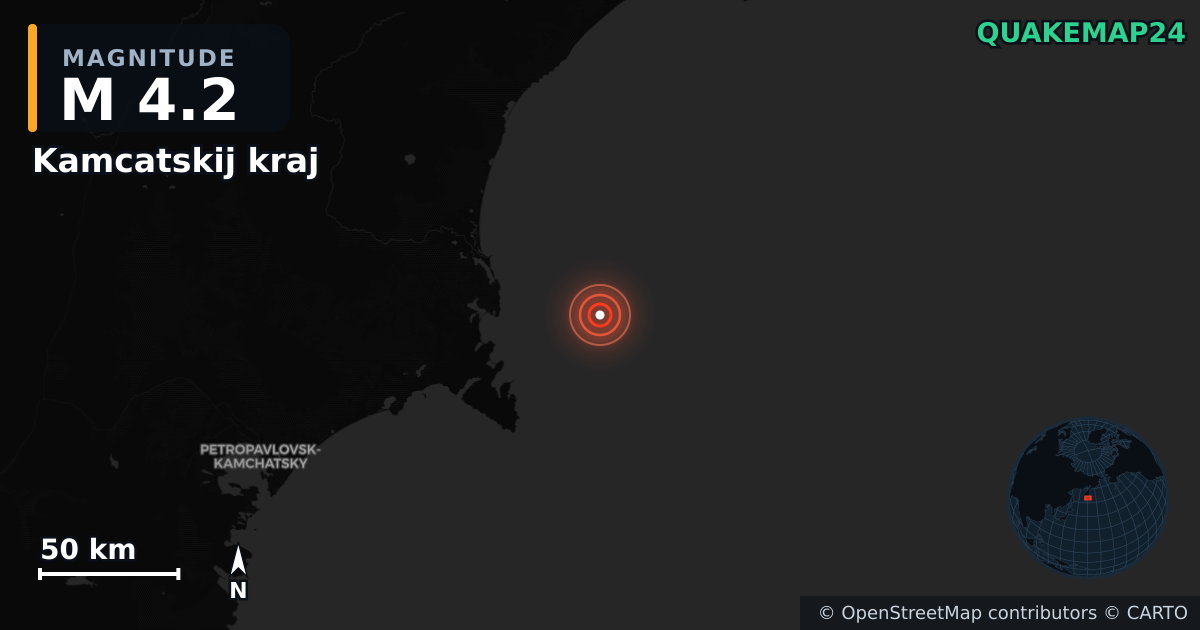 M4.2 earthquake near Kamcatskij kraj on Sep 22, 2025 — map of epicenter and shaking intensity | QuakeMap24