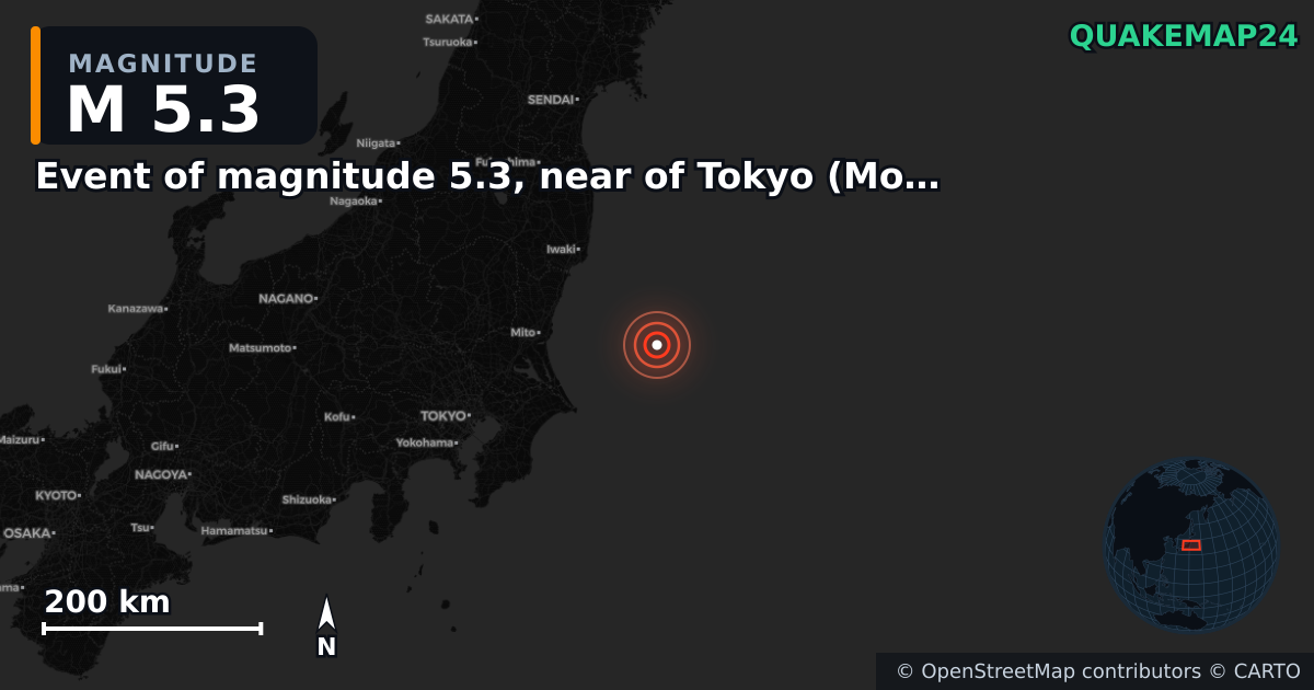 M5.3 earthquake near Event of magnitude 5.3, near of Tokyo (Monde) on Nov 13, 2025 — map of epicenter and shaking intensity | QuakeMap24