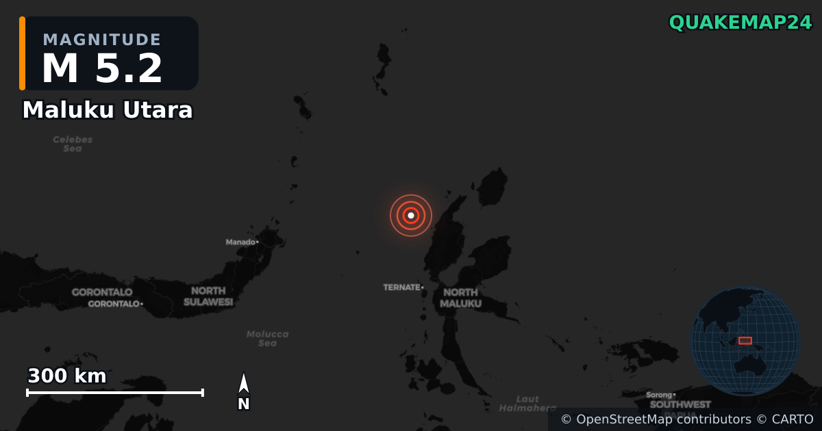 M5.2 earthquake near Maluku Utara on Nov 4, 2025 — map of epicenter and shaking intensity | QuakeMap24